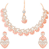 Atasi International Peach Color Gold Plated Diamond Necklace with Earrings and Maang Tikka for Women - Jewellery Set for Party, Wedding, Engagement (MNP5746)