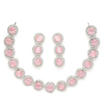 ZENEME Rhodium-Plated with Silver-Toned Circular Shape Pink and White American Diamond Studded Jewellery Set (Pink)