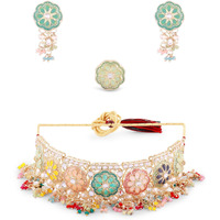 ZAVERI PEARLS Multicolor Meenakari Kundan Beads Choker Necklace Earring & Ring Set For Women-ZPFK16399