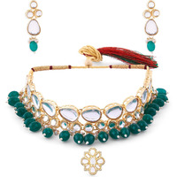 ZAVERI PEARLS Green Beads Statement Kundan Choker Necklace Earring & Ring Set For Women-ZPFK14814