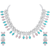Atasi International Silver Plated Mint Pink Blue Crystals AD Diamond Jewellery Necklace Set for Women (RPB5775)