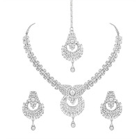 Atasi International Delightful Rhodium Silver-Plated Alloy Choker Necklace Jewellery Set with Earrings & Maang Tikka for Women (White)