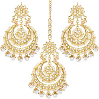 Peora Traditional Jewellery 18K Gold Plated Kundan Pearl Studded Maang Tikka & Earring Set for Women (White)