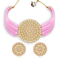 Sukkhi Classic Gold Plated Pastel Pink & White Pearl Choker Necklace Set for Women (SKR70451), free size