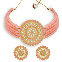 Sukkhi Pretty Gold Plated Baby Pink & White Pearl Choker Necklace Set for Women (SKR70449), Free Size