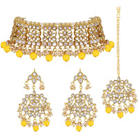 Peora Ethnic Indian Traditional Jewellery 18K Gold Plated Kundan Necklace Earring Mang Tikka Set for Women Girls (Yellow)