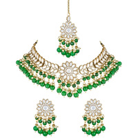 I Jewels 18K Gold Plated Traditional Kundan Studded Green Pearl Hanging Choker Necklace Jewellery Set With Earrings & Maang Tikka For Women & Girls (K7232G)