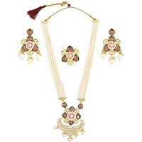 ZAVERI PEARLS Multicolor Meenakari Lotus Design Multistrand Pearls Long Necklace Earring & Ring Set For Women-ZPFK13429