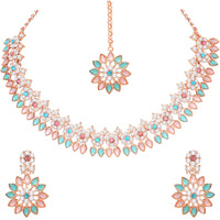 Atasi International Rose Gold Plated Pink & Blue Crystal Necklace Jewellery Set with Earrings and Maang Tikka for Women & Grils (MPB5744)