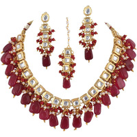 LUCKY JEWELLERY Back Meenakari 18k Gold Plated Maroon Color Square Shape Tika Earring Combo Jewellery Set Uncut Kundan Big Faux Kundan Dibbi Kundan Choker Necklace Set for Girls & Women
