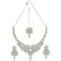 Sukkhi Gracious Rhodium Plated Silver AD White Stones Collar Bone Necklace Set With Earring And Maangtika | Jewellery Set For Women (NS105573)