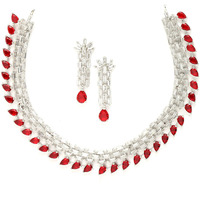 ZENEME Rhodium-Plated Red and White American Diamond Stone-Studded Necklace with Earrings Jewellery Set for Women & Girls (Red)