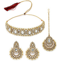 Sukkhi Indian Traditional Gold Plated White Stone & Beads Choker Necklace Set With Earring And Maangtika | Jewellery Set For Women (NS105709)