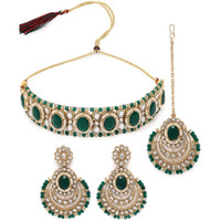 Sukkhi Indian Traditional Gold Plated Green Stone & Beads Choker Necklace Set With Earring And Maangtika | Jewellery Set For Women (NS105710)