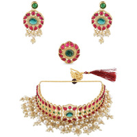 ZAVERI PEARLS Green & Pink Cluster Pearl Choker Necklace Earring & Ring Set For Women-ZPFK11445