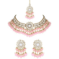 I Jewels 18K Gold Plated Traditional Kundan Studded Pink Pearl Hanging Choker Necklace Jewellery Set With Earrings & Maang Tikka For Women & Girls (K7232Pi)