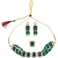 ZAVERI PEARLS Green Beads Ethnic Choker Necklace Earring & Ring Set For Women-ZPFK10767
