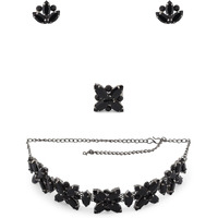 ZAVERI PEARLS Black Dazzling Stones Embellished Contemporary Necklace Earring & Ring Set For Women-ZPFK12620
