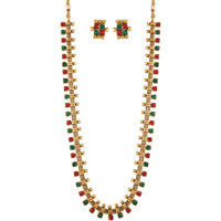 I Jewels 18K Gold Plated Traditional Stylish Multicolour Stone Work Long Necklace With Earrings For Women & Girls (MC041QG)