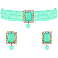 Peora Gold Plated Ethnic Choker Crystal Pearl Beaded Necklace & Earrings Set Jewellery for Girls & Women (Mint)