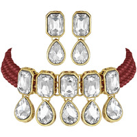 I Jewels 18K Gold Plated Traditional Handcrafted Crystal Stone Studded Pearl Choker Necklace Jewellery Set with Earrings For Women/Girls (ML249M)
