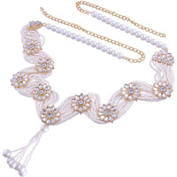 I Jewels 18K Gold Plated Traditional Ethnic Floral Design Kundan And Stone Studded Adjustable Pearl Kamarband/Belly Chain/Kandora/Wait Belt For Women (B038W)