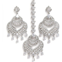 ZENEME Stylish Shiny Round Design Rodhium-Plated Maang Tikka Earring Set Jewellery For Women and Girls (Design 5)