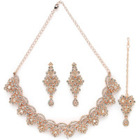 Sukkhi Untamed Rose Gold Plated AD White Stone Collar Bone Necklace Set With Earring And Maangtika | Jewellery Set For Women (NS105635)