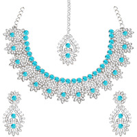 Atasi International Silver Plated Crystal AD Necklace Set with Earrings and Maang Tikka For Women Suitable for Bridal, Wedding, Party & Festive Occasional Wear (Aqua Blue)