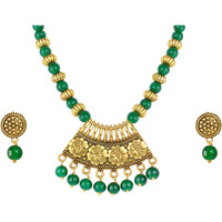 JFL - Jewellery for Less Stylish Gold Plated Antique Semi-Circle Pendant Beaded Tribal Necklace Set for Women and Girls (Green),Valentine