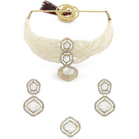 ZAVERI PEARLS Gold Tone Multistrand Beaded Austrian Diamonds Choker Necklace Earring & Ring Set For Women-ZPFK16762