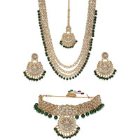 ZAVERI PEARLS Green Beads Bridal Kundan Choker & Long Necklace, Earring & Maangtikka Set For Women-ZPFK9793
