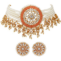 Shining Diva Fashion Latest Stylish Choker Traditional Pearl Kundan Necklace Jewellery Set for Women (Peach)(12820s), One