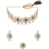 ZAVERI PEARLS Green Kundan & Austrain Diamonds Choker Necklace Earring & Ring Set For Women-ZPFK16631