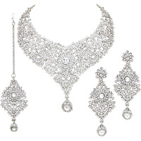 Atasi International Silver Plated Jewellery Set with Earrings and Maang Tikka- Jewellery Collection for Weddings, Parties, and Festivals- White (R1605)