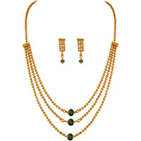 JFL - Jewellery for Less Traditional Ethnic One Gram 3 Layer Gold Plated Beaded Chain with Green Onyx Stone Long Necklace Set with Earring for Women and Girls,Valentine