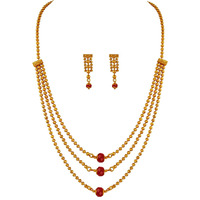 JFL - Jewellery for Less Traditional Ethnic One Gram 3 Layer Gold Plated Beaded Chain with Maroon Onyx Stone Long Necklace Set for Women and Girls,Valentine