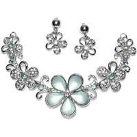 ZENEME Rhodium-Plated American Diamonds Studded Floweret Necklace With Earrings Jewellery Set For Girls and Women (Sea Green-Silver)