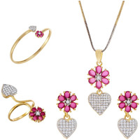 ZENEME Jewellery Set Gold Plated Heart Shaped Red Colored American Diamond Pendant With Earrings Bracelet Ring Jewellery For Women and Girl