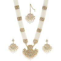 ZAVERI PEARLS Antique Gold Tone Long Kundan & Pearls Bridal Necklace, Earring & Maangtikka Set For Women-ZPFK9802