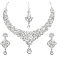 Atasi International Gold Plated Necklace with Earrings and Maang Tikka for Women - Jewellery Set for Party, Wedding, Engagement (Silver) (R1960)