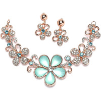 ZENEME Rose Gold-Plated American Diamonds Studded Floweret Necklace With Earrings Jewellery Set For Girls and Women (Sea Green)