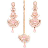 ZENEME Rose Gold Plated American Diamond Studded Maang Tikka & Earrings Jewellery Set For Woment and Girl (Pink)