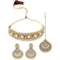 Sukkhi Incredible Drop Shaped White Kundan & Beads Choker Necklace Set With Earring And Maangtika | Jewellery Set For Women (NS105630)