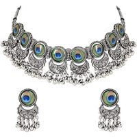 I Jewels Oxidised Silver Plated Afghani Choker Necklace Jewellery Set for Women (MC144OX)