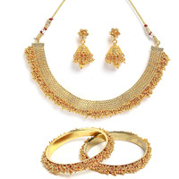 ZENEME Jewellery Set Gold Plated Pearl Wedding Bridal Necklace Jewellery With Earrings and Bangle Combo for Girl and Women (2.4, Gold) (Gold, 2.8)