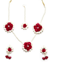 ZENEME Jewellery Pearl Designer White & Red Jewellery Set with 3 Items for Women & Girls (Mehandi/Haldi Bridal/Baby Shower)