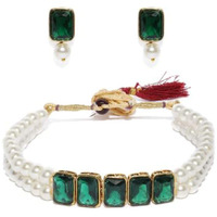 I Jewels 18K Gold Plated Traditional Crystal Stone Pearl Studded Choker Necklace Jewellery Set for Women (ML287G)