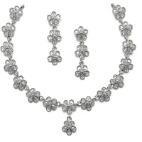 ZENEME Oxidised Silver-Plated Flower Shaped American Diamond Studded Necklace Earrings Jewellery Set for Girls and Women (White)