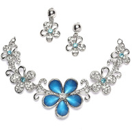 ZENEME Rhodium-Plated American Diamonds Studded Floweret Necklace With Earrings Jewellery Set For Girls and Women (Navy Blue)